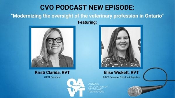 Photo promoting a podcast episode from the College of Veterinarians of Ontario with guests from the OAVT